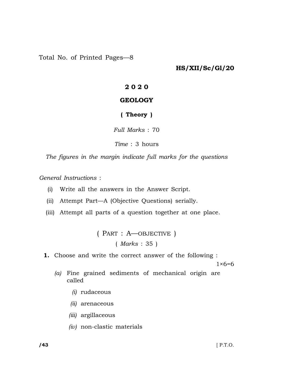 Meghalaya Board (MBOSE) Class 12 GEOLOGY ( Theory ) 2020 Question Paper - Page 1