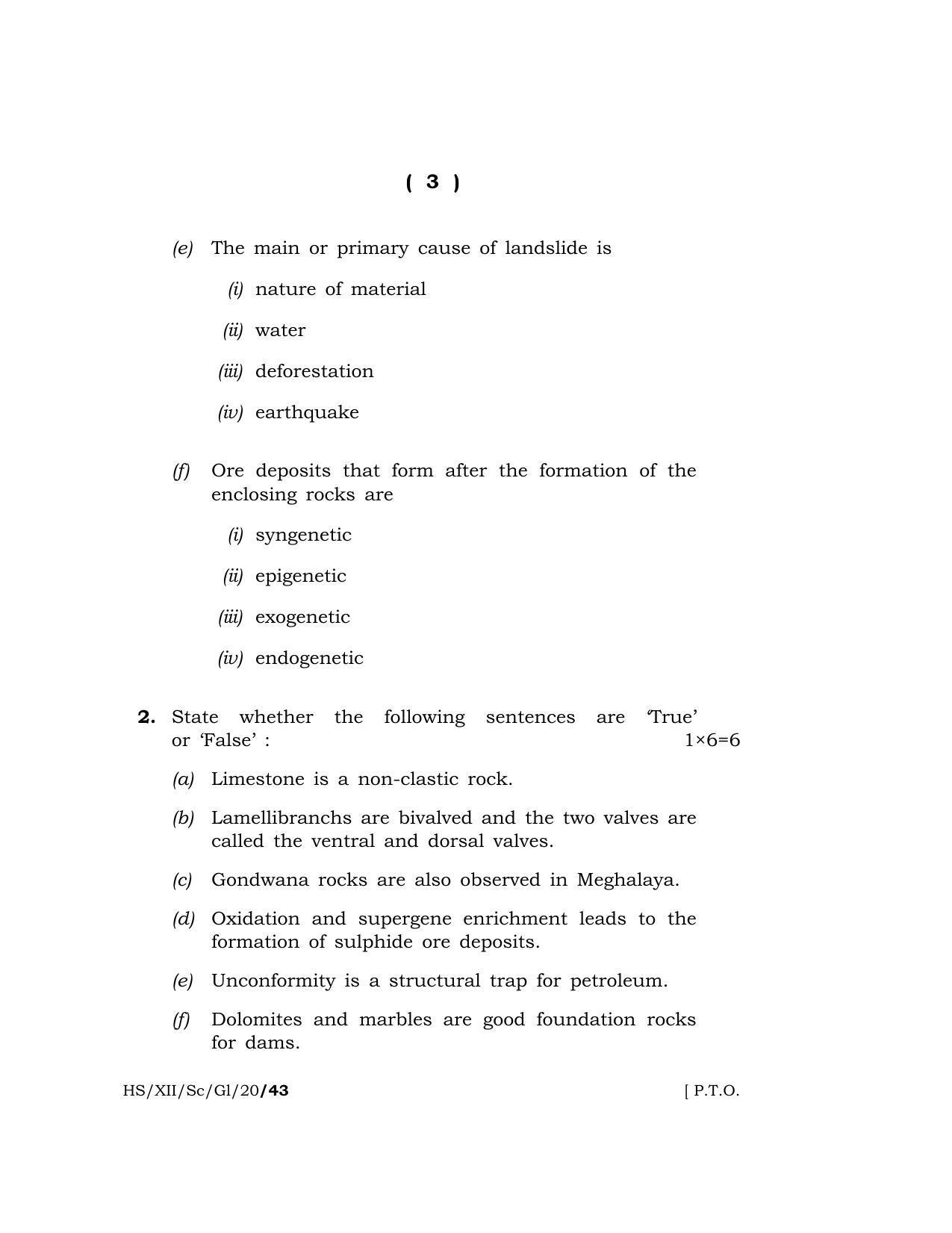 Meghalaya Board (MBOSE) Class 12 GEOLOGY ( Theory ) 2020 Question Paper - Page 3