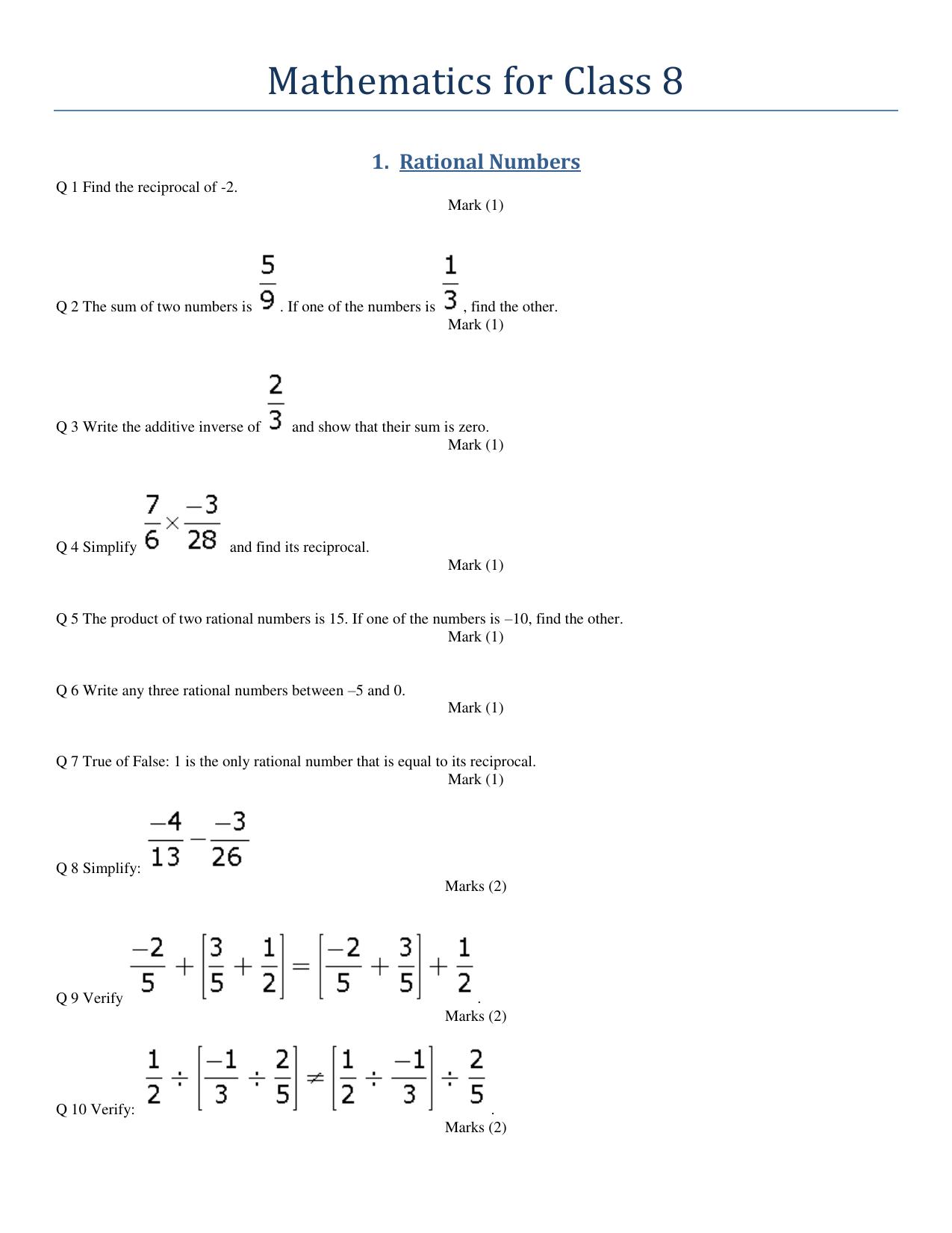 CBSE Worksheets for Class 8 Mathematics Rational Numbers Assignment 9 - Page 1