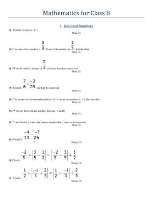 CBSE Worksheets for Class 8 Mathematics Rational Numbers Assignment 9