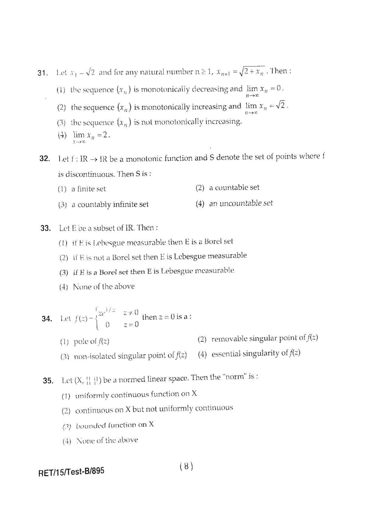 BHU RET MATHAMATICS SCIENCE 2015 Question Paper - Page 10