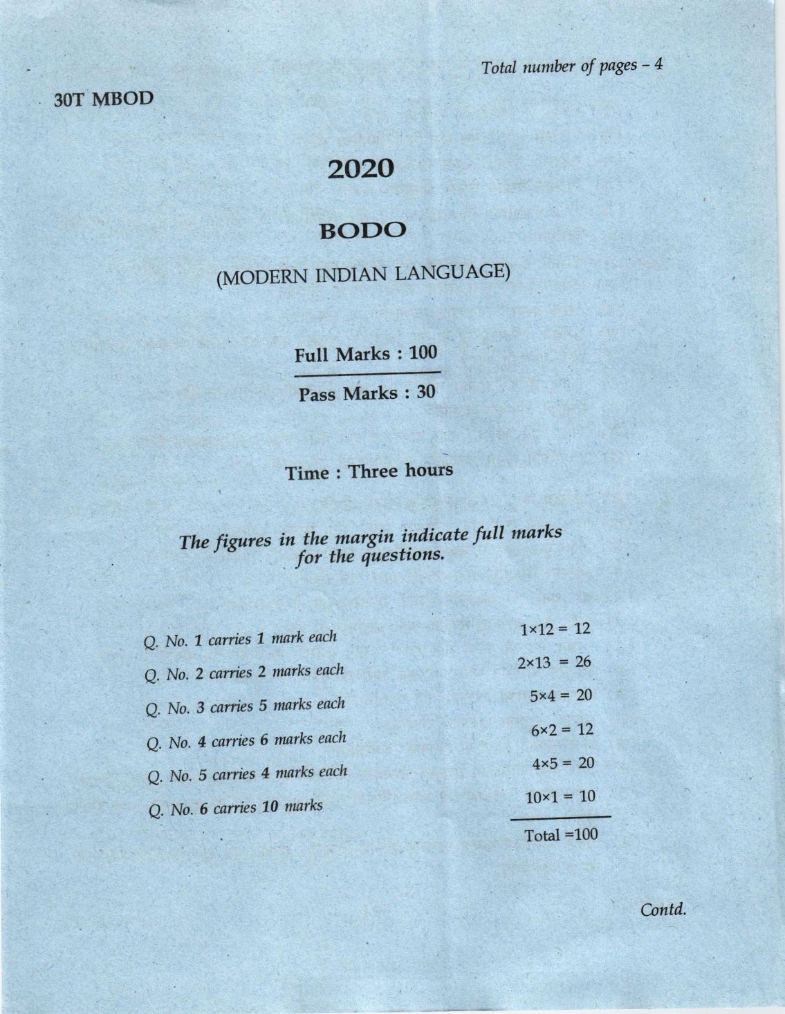 Assam HS 2nd Year Bodo MIL 2020 Question Paper - Page 1