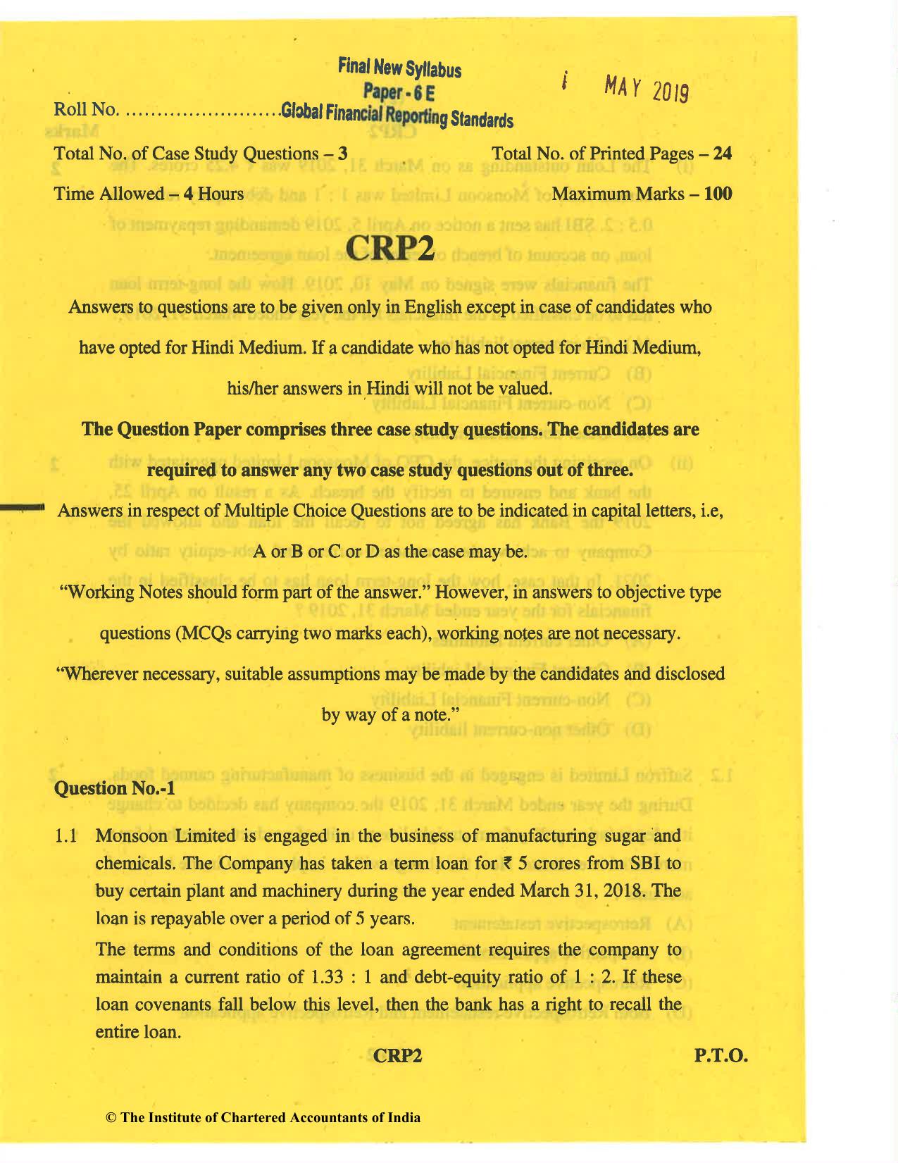 CA Final May 2019 Question Paper - Paper 6E – Global Financial Reporting Standards - Page 1