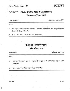 IGNOU PhD Entrance Test Ph.D (Food And Nutrition) 2018 Question Paper