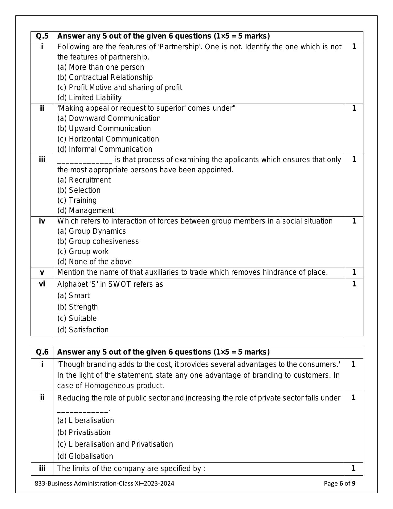 CBSE Class 11: BUSINESS ADMINISTRATION 2024 Sample Paper - Page 6