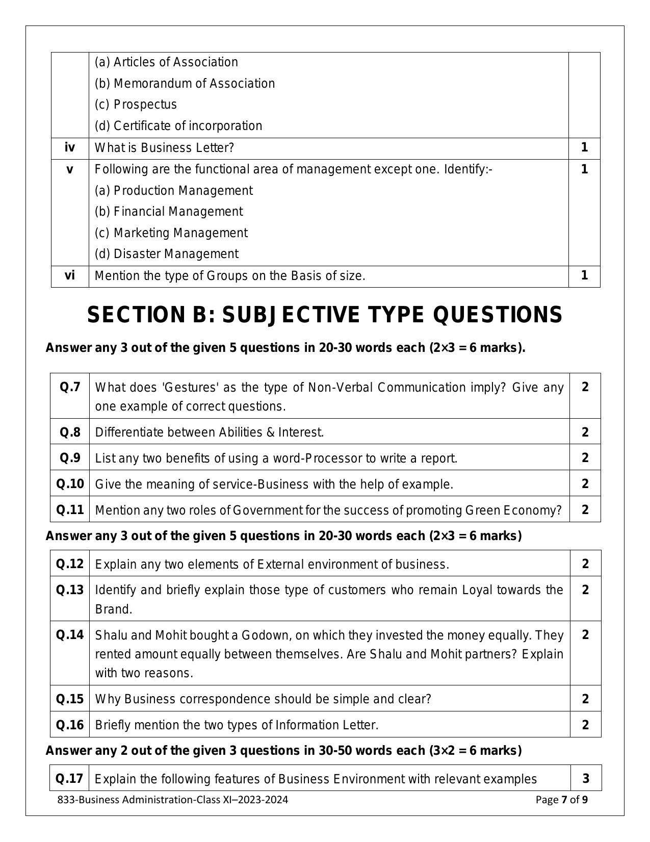 CBSE Class 11: BUSINESS ADMINISTRATION 2024 Sample Paper - Page 7