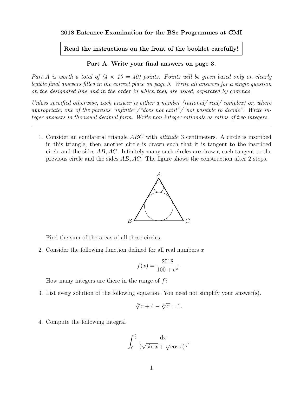 CMI Entrance Exam 2018 Question Paper B.Sc (Hons.) Mathematics and Computer Science - Page 1