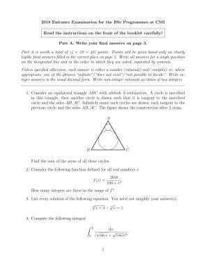 CMI Entrance Exam 2018 Question Paper B.Sc (Hons.) Mathematics and Computer Science