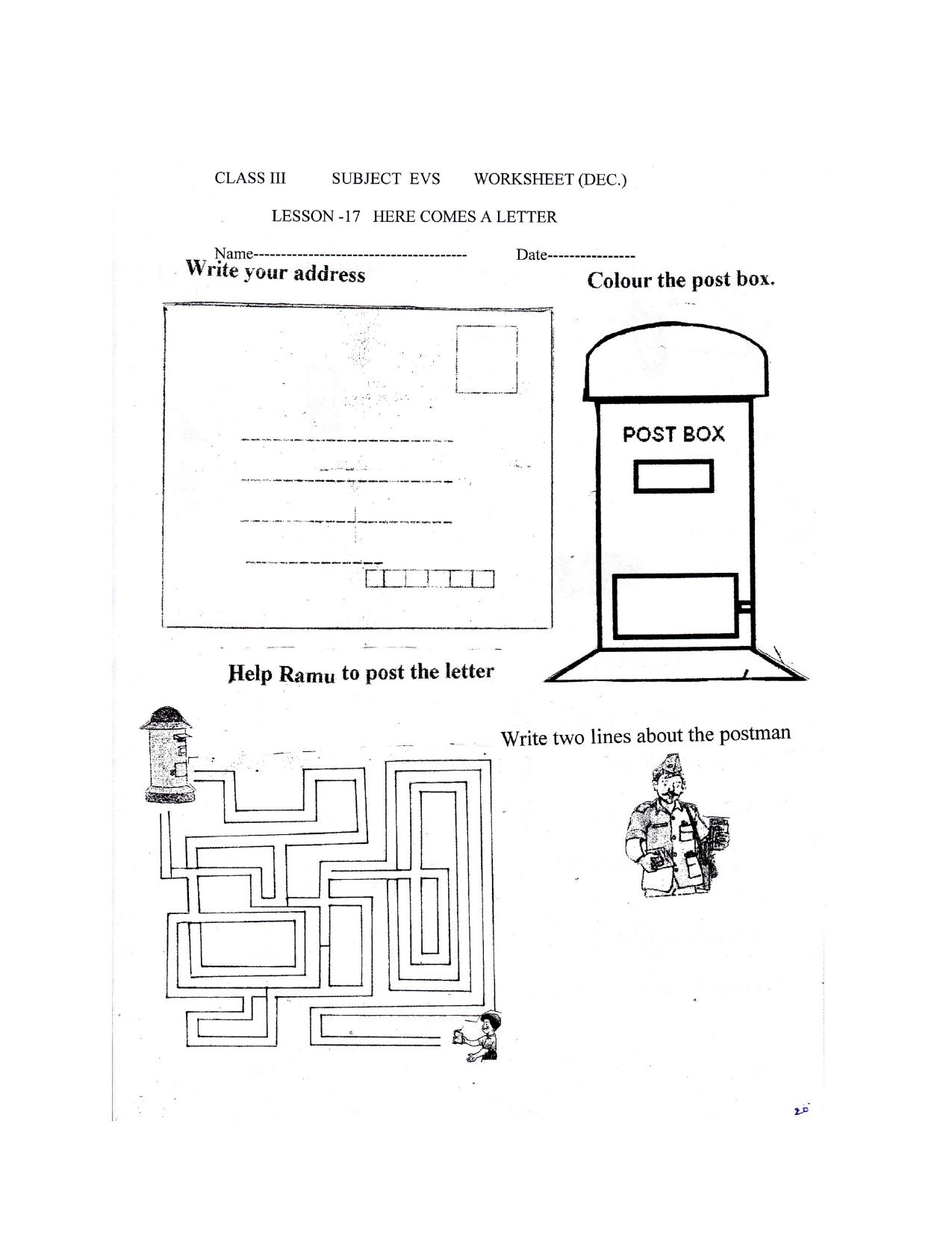 Worksheet for Class 3 EVS Assignment 31 Here Comes A Letter - Page 1