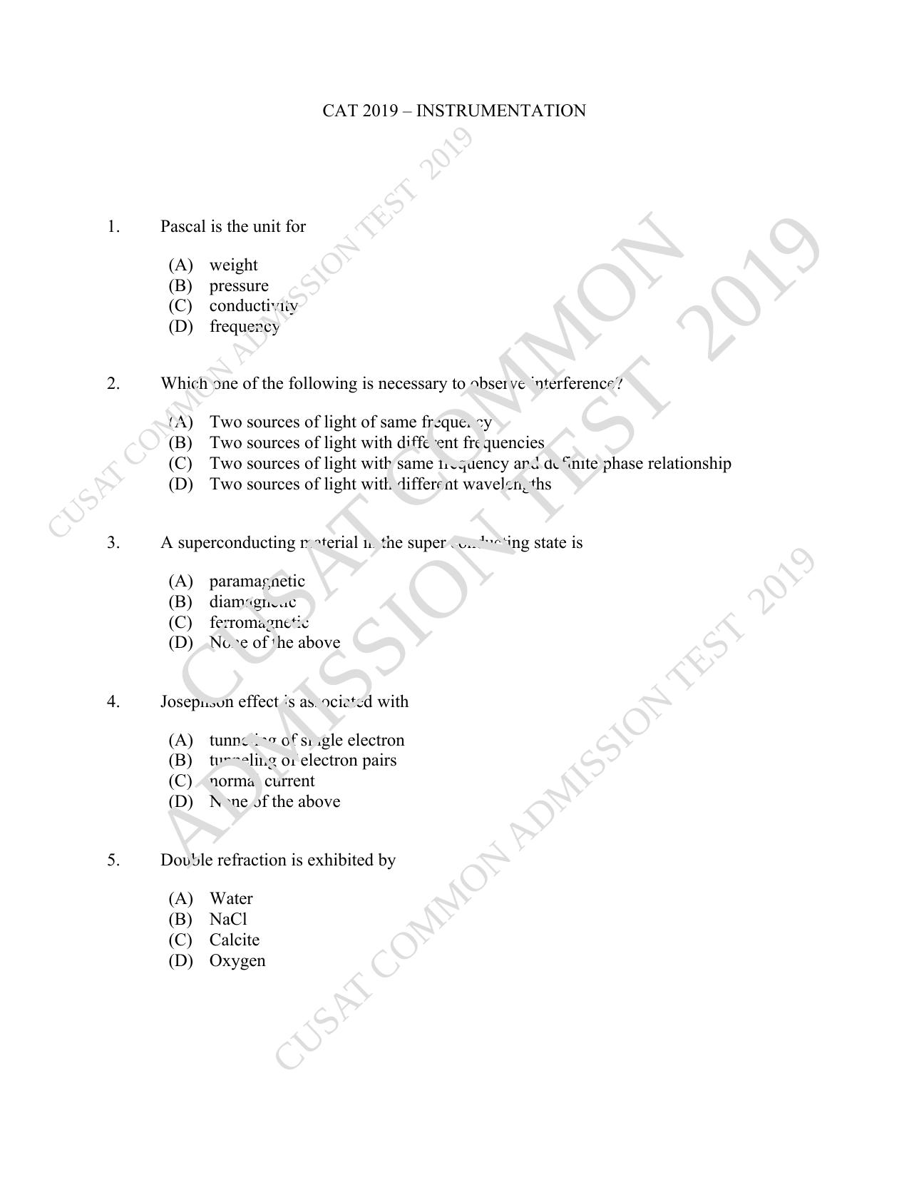 CUSAT CAT 2019 Msc Instrumentation Question Paper With Answer Key - Page 1