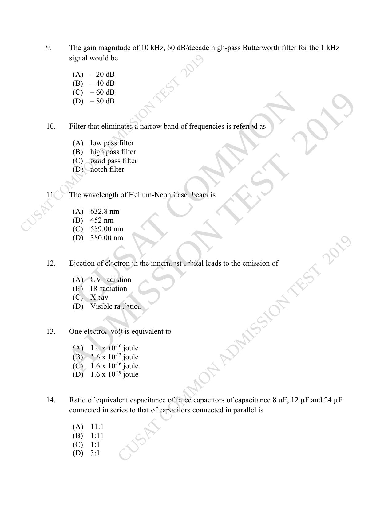 CUSAT CAT 2019 Msc Instrumentation Question Paper With Answer Key - Page 3