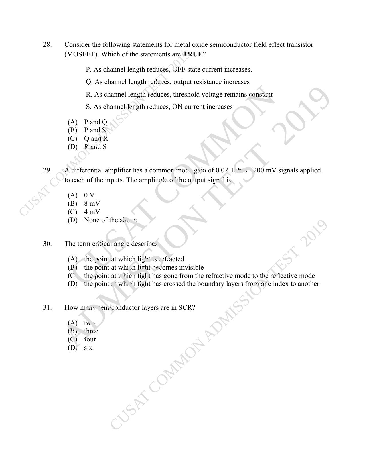 CUSAT CAT 2019 Msc Instrumentation Question Paper With Answer Key - Page 8