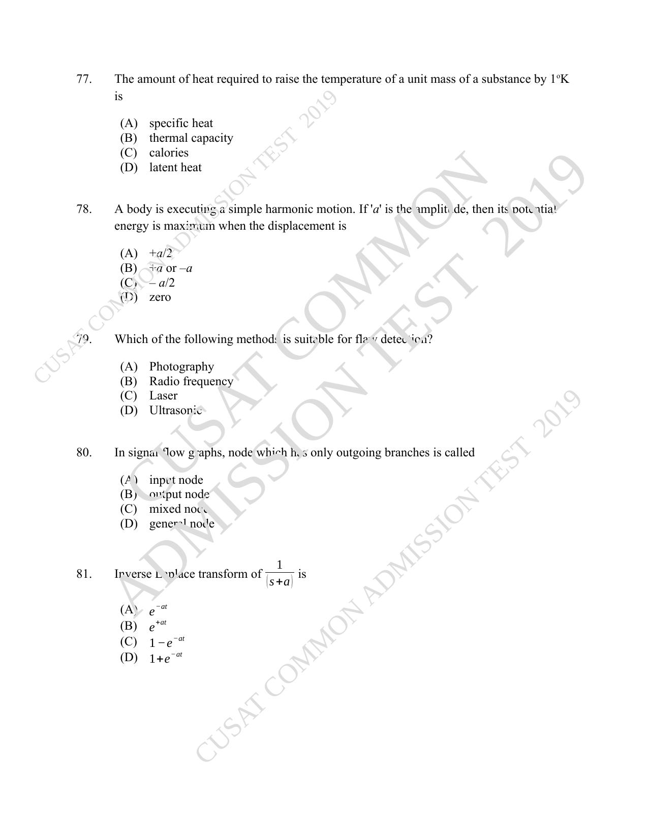 CUSAT CAT 2019 Msc Instrumentation Question Paper With Answer Key - Page 22