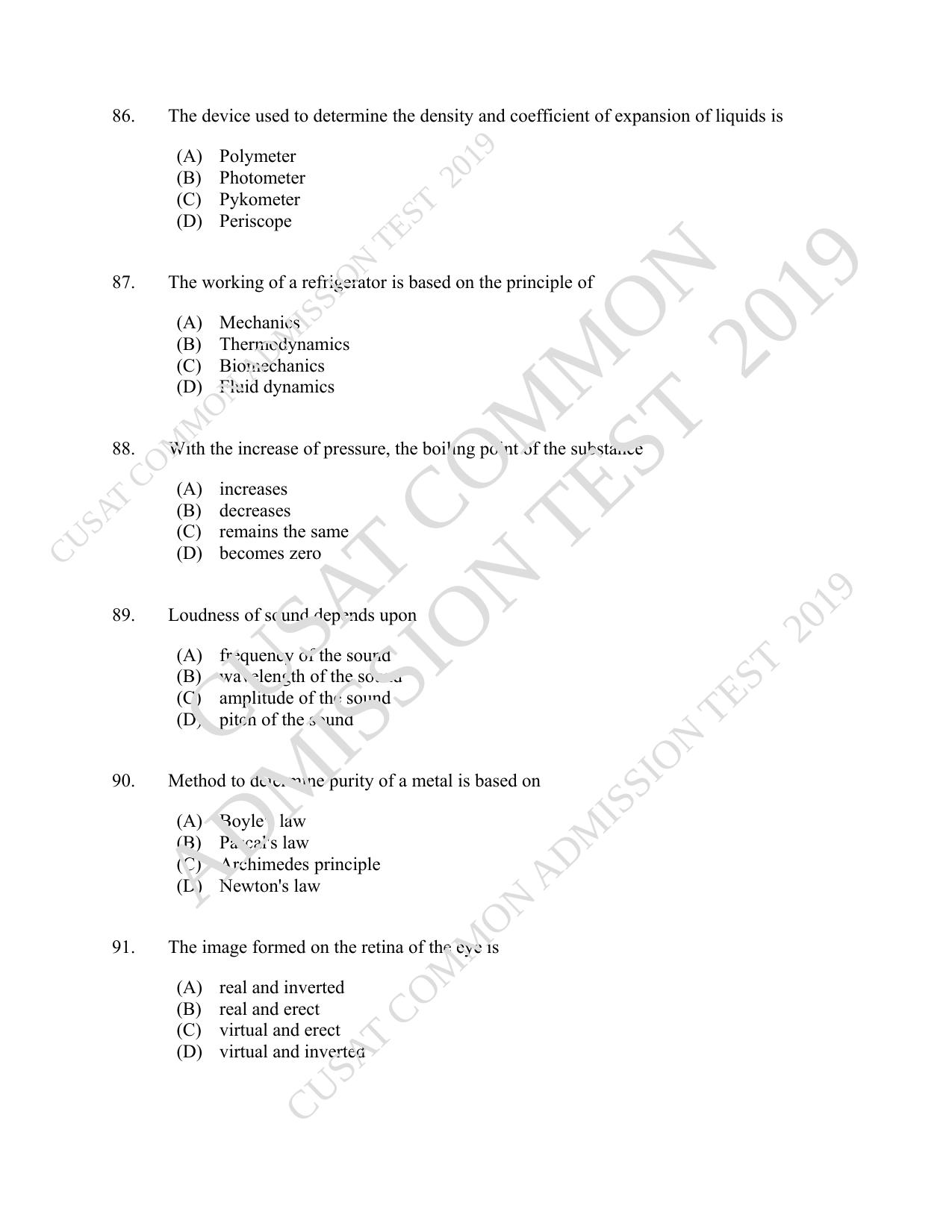 CUSAT CAT 2019 Msc Instrumentation Question Paper With Answer Key - Page 24