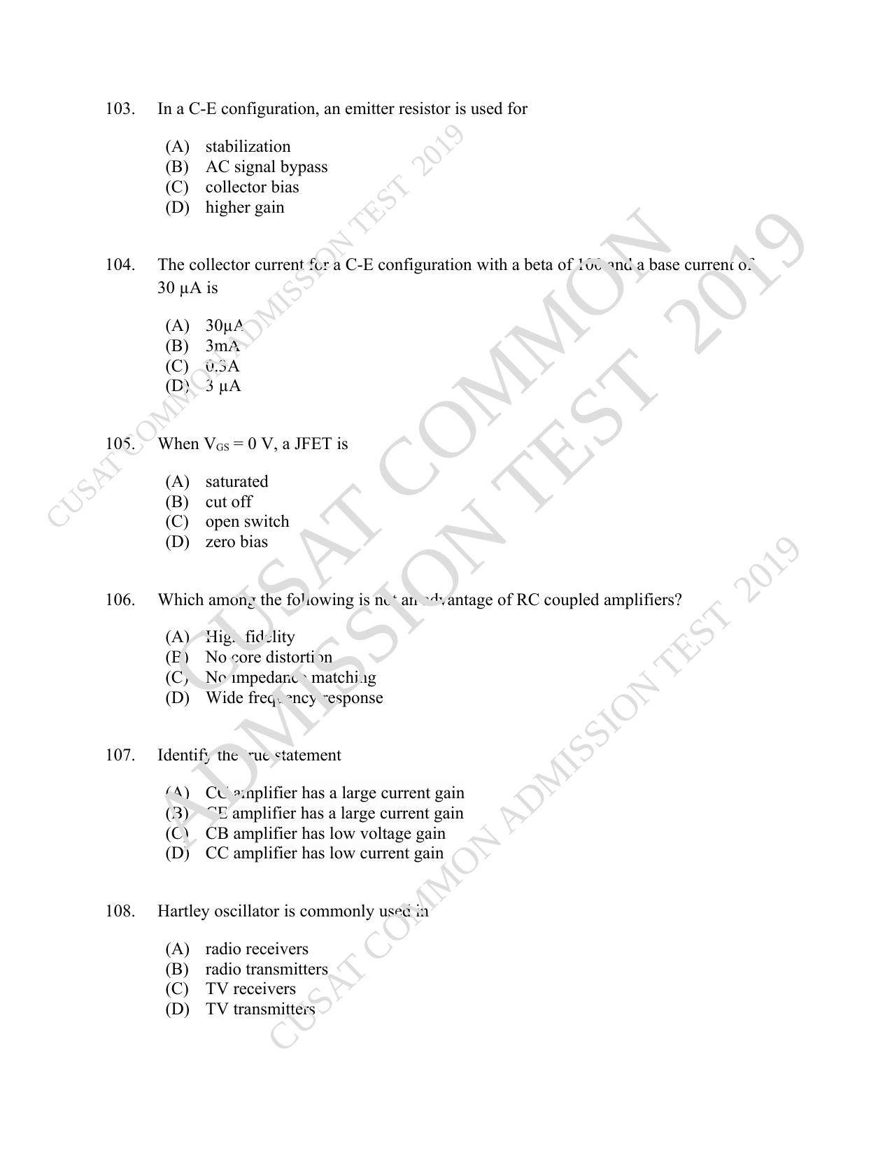 CUSAT CAT 2019 Msc Instrumentation Question Paper With Answer Key - Page 27