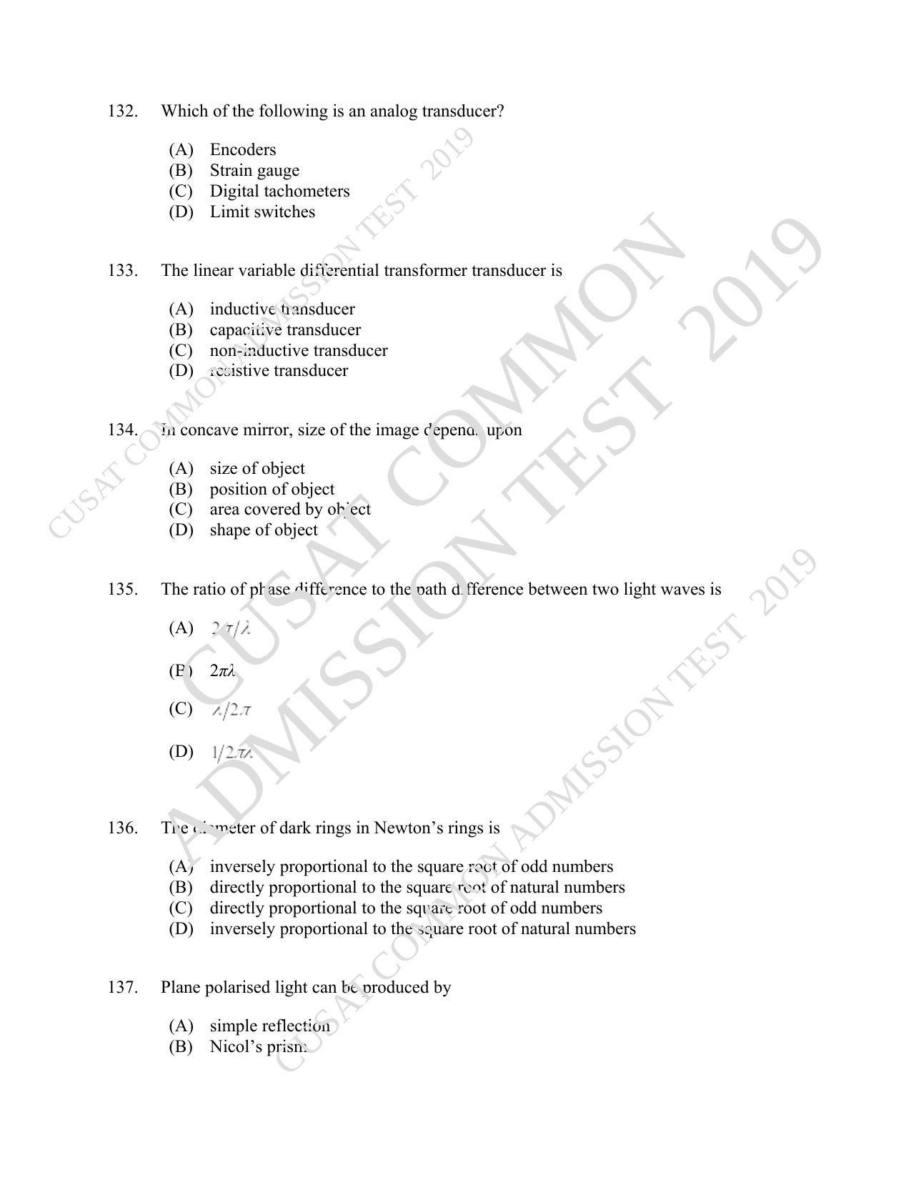 CUSAT CAT 2019 Msc Instrumentation Question Paper With Answer Key - Page 32