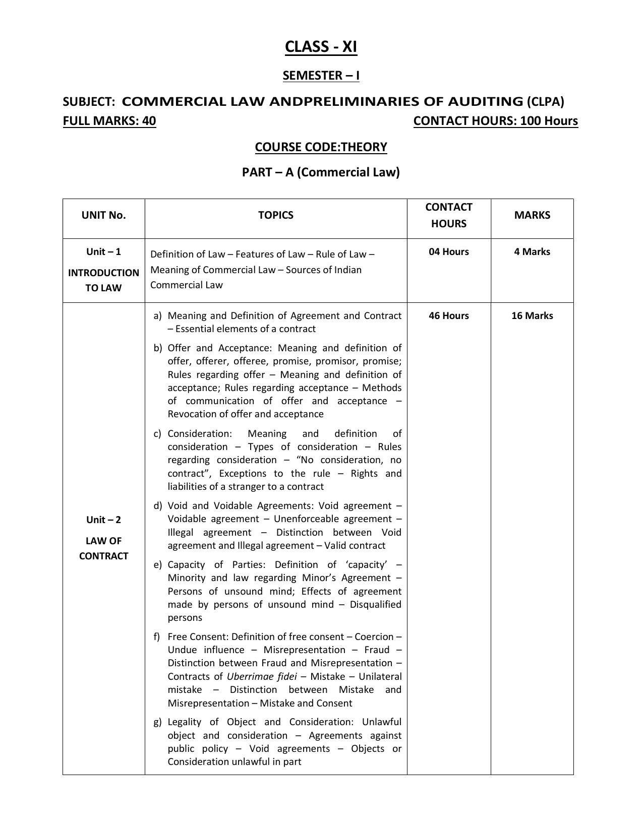 WBCHSE Class 11 & 12 Syllabus for Commercial Law and Preliminaries of Auditing (CLPA) (SET II) - Page 4