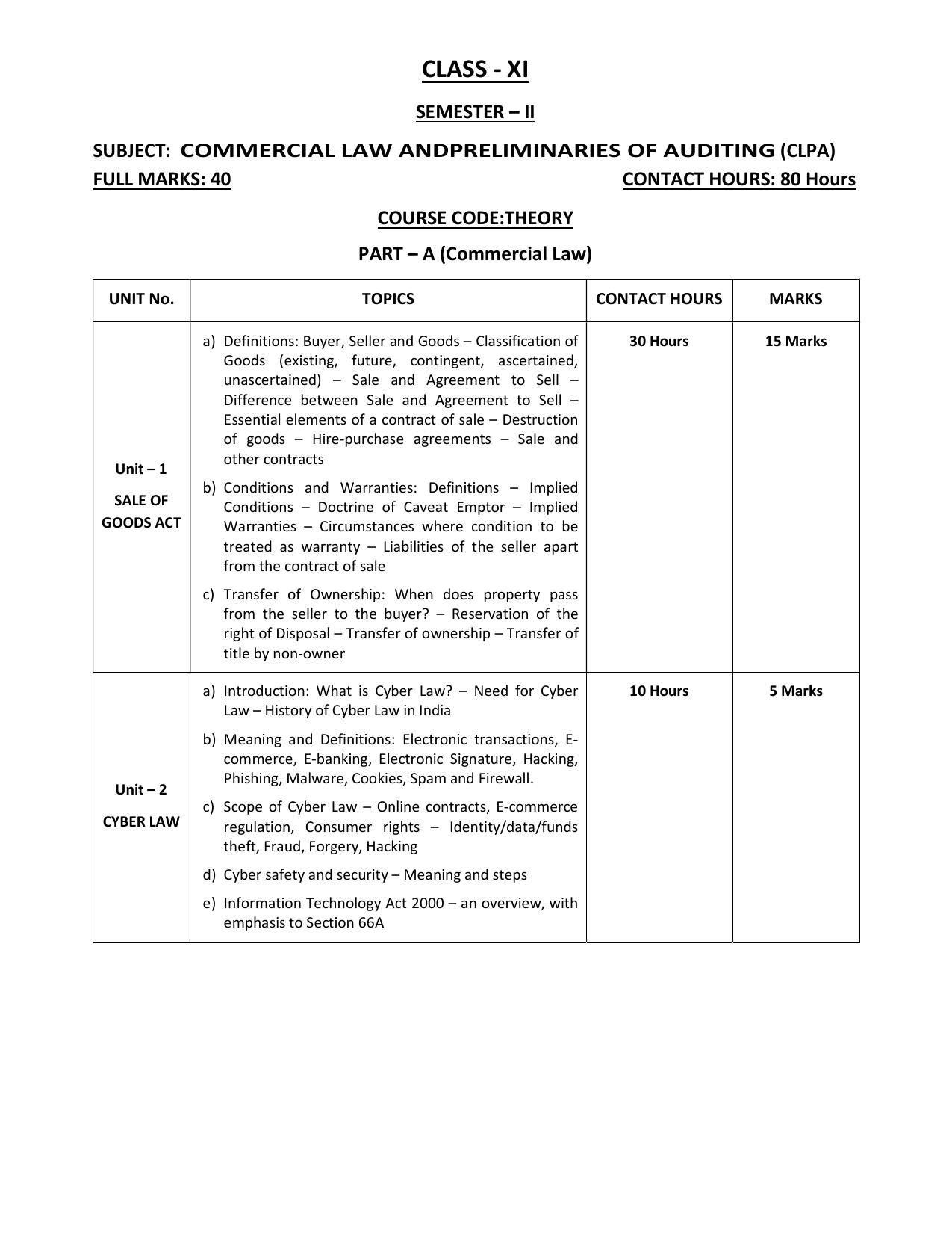 WBCHSE Class 11 & 12 Syllabus for Commercial Law and Preliminaries of Auditing (CLPA) (SET II) - Page 7