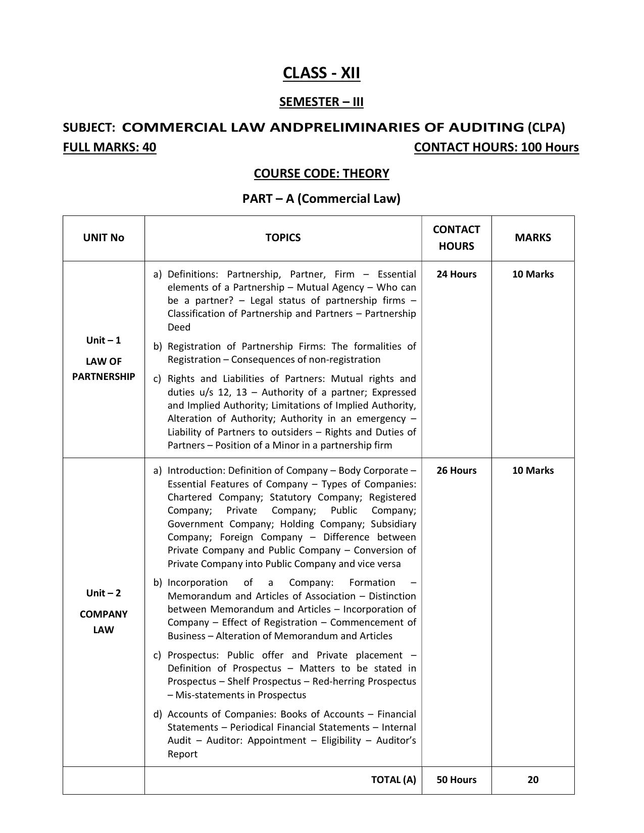 WBCHSE Class 11 & 12 Syllabus for Commercial Law and Preliminaries of Auditing (CLPA) (SET II) - Page 11