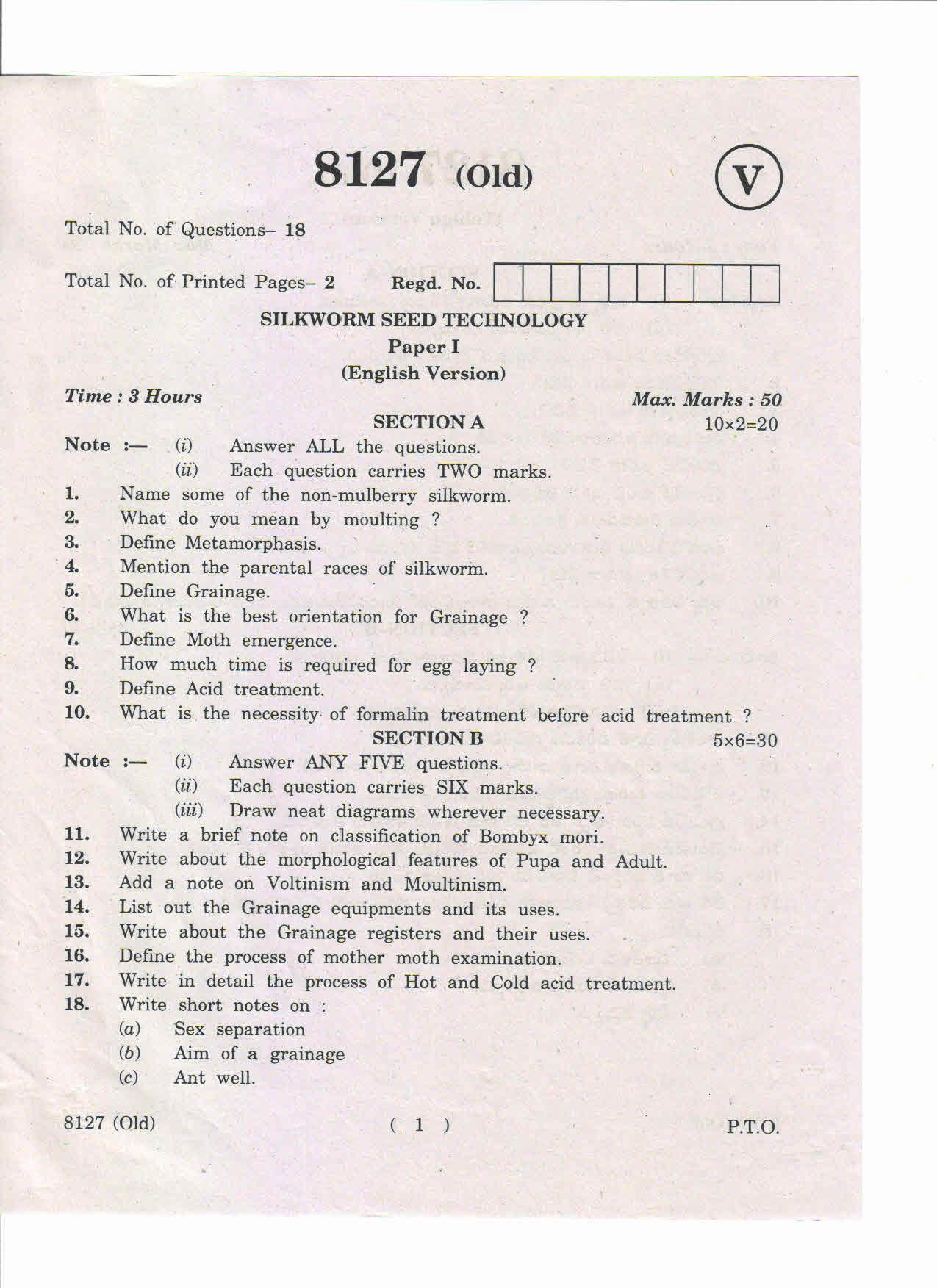 AP Inter 1st Year Silkworm Seed Technology-I (Old) March-2019-Vocational Question Paper - Page 1