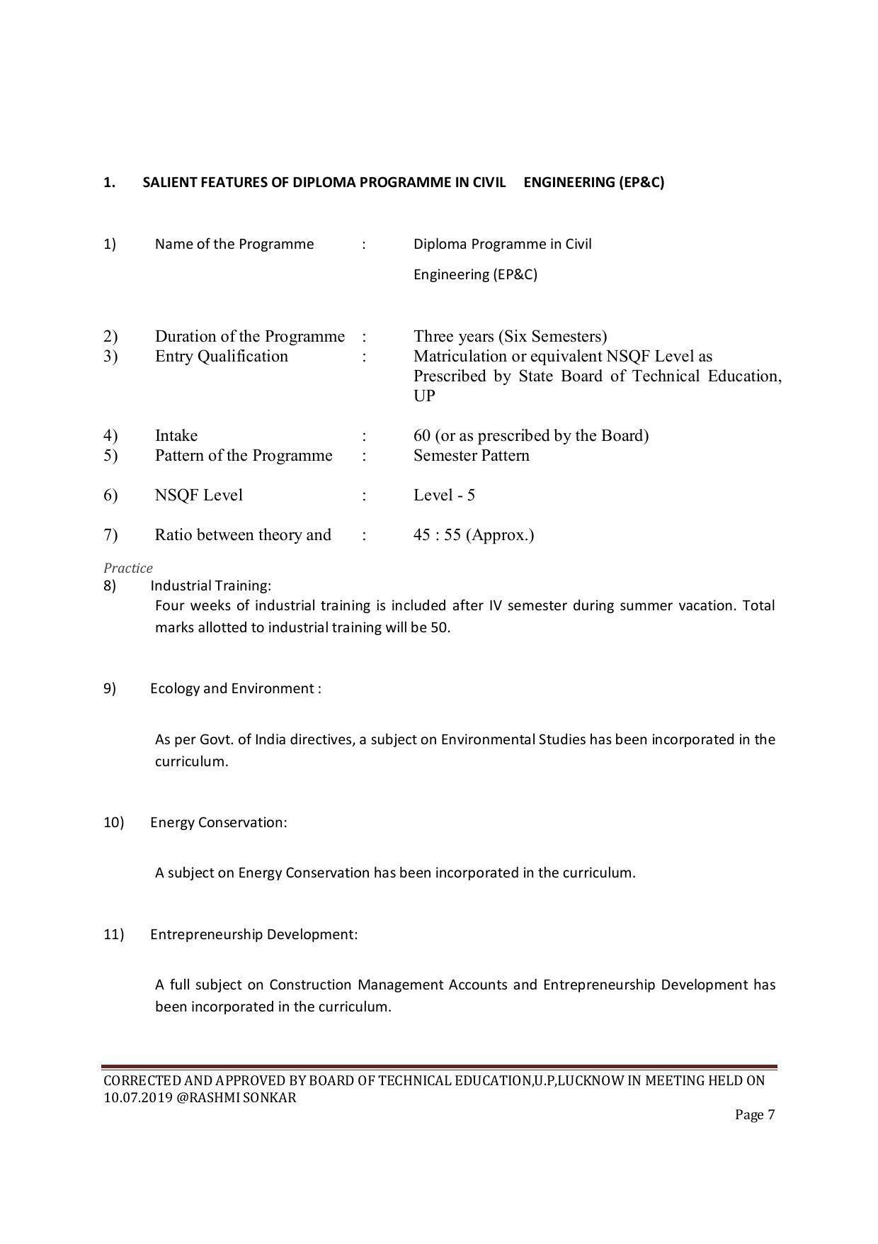 EFFECTIVE FROM JULY 2019-20 - SIX SEMESTER DIPLOMA COURSE IN CIVIL ENGINEERING (ENVIR. POLL. &CON) - Page 7