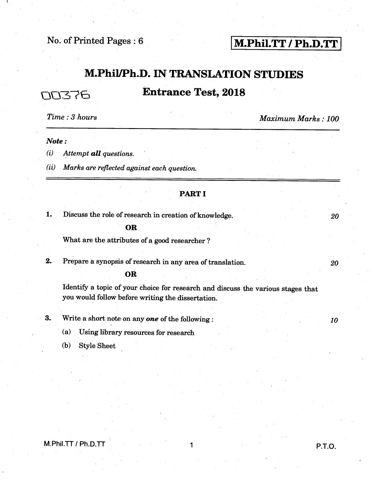 IGNOU PhD Entrance Test M.Phil/Ph.D Translation Studies 2018 Question Paper - Page 1