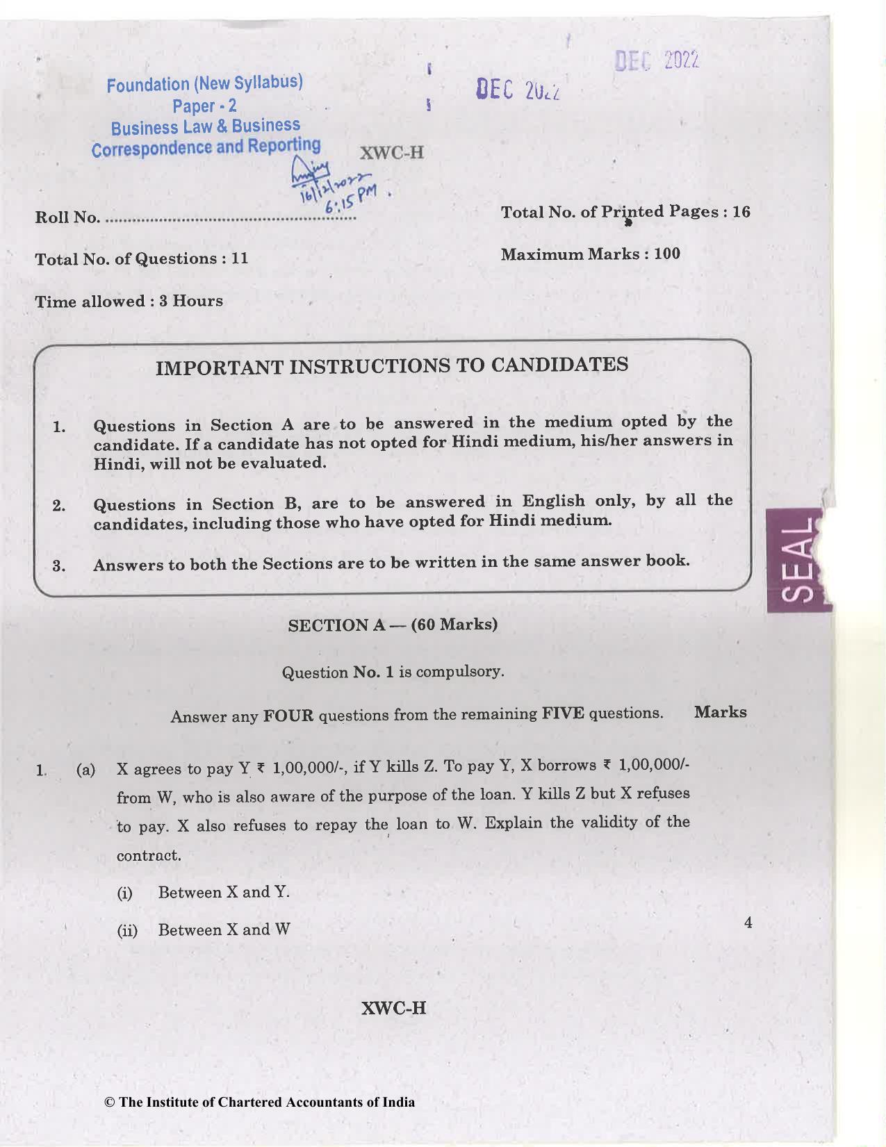 CA Foundation December 2022 Question Paper - Paper 2 (Business Laws and Business Correspondence and Reporting) - Page 1
