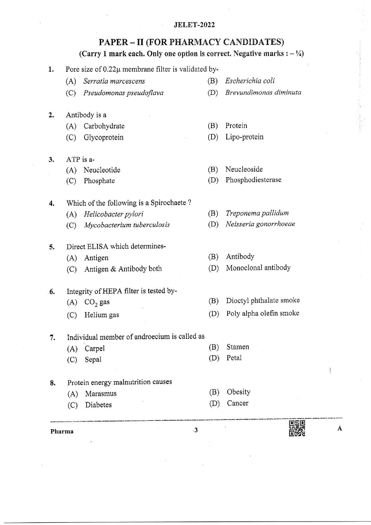 WBJEE JELET 2022 Paper II ( Pharmacy) - Page 3