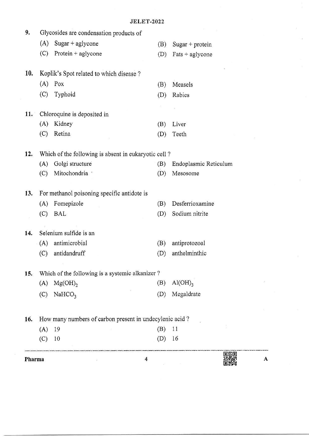 WBJEE  JELET 2022 Paper II ( Pharmacy) - Page 4