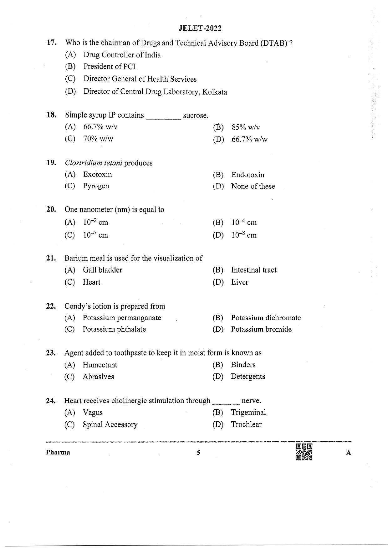 WBJEE  JELET 2022 Paper II ( Pharmacy) - Page 5