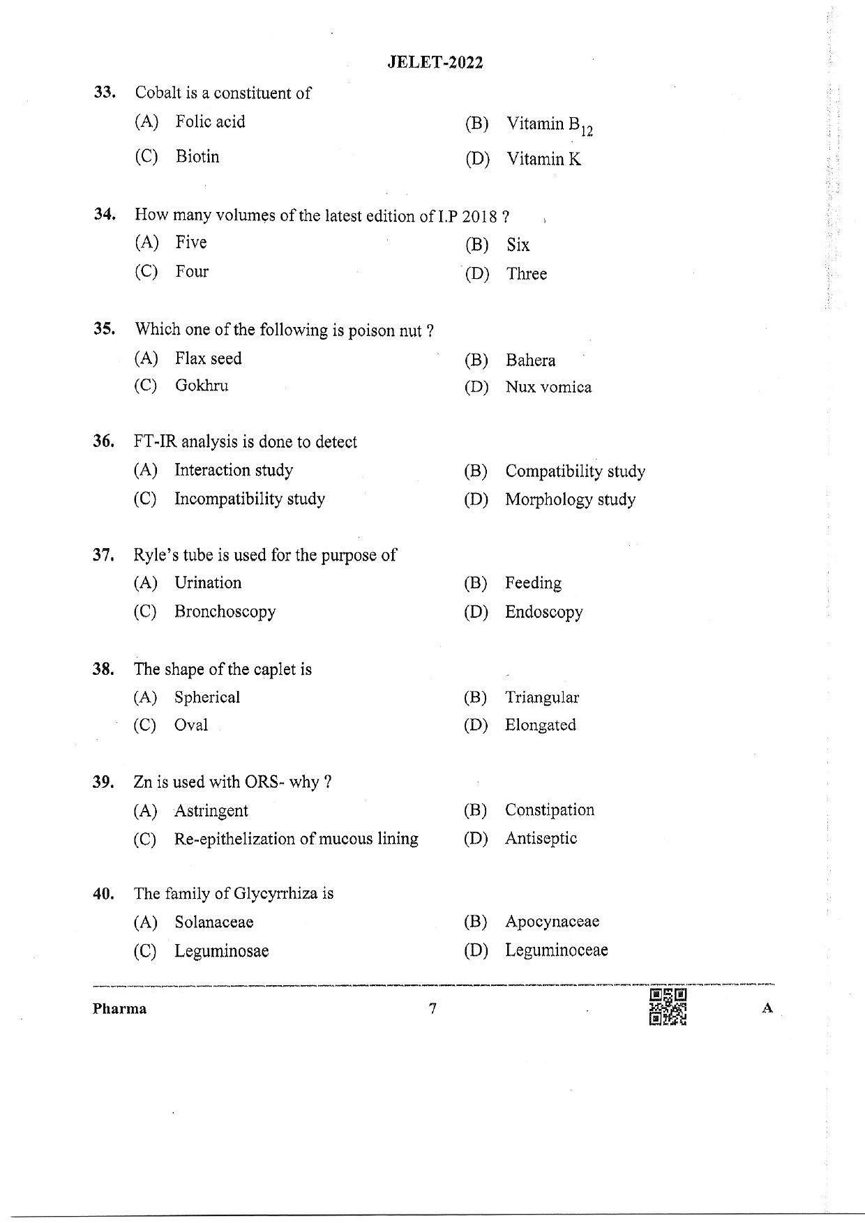 WBJEE  JELET 2022 Paper II ( Pharmacy) - Page 7