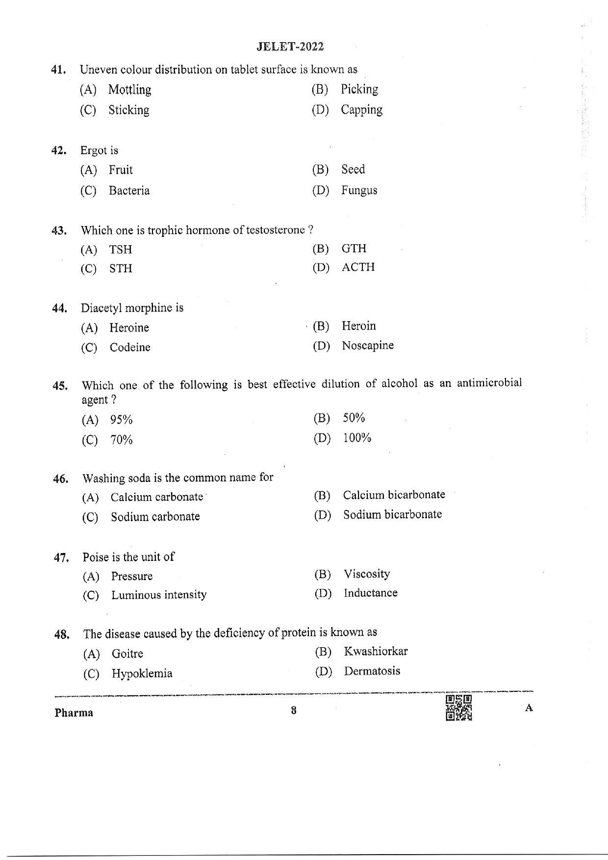 WBJEE  JELET 2022 Paper II ( Pharmacy) - Page 8