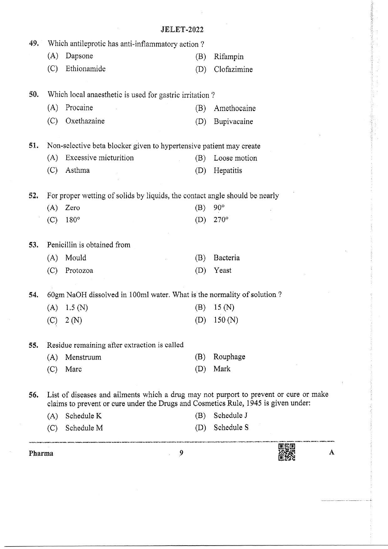 WBJEE  JELET 2022 Paper II ( Pharmacy) - Page 9