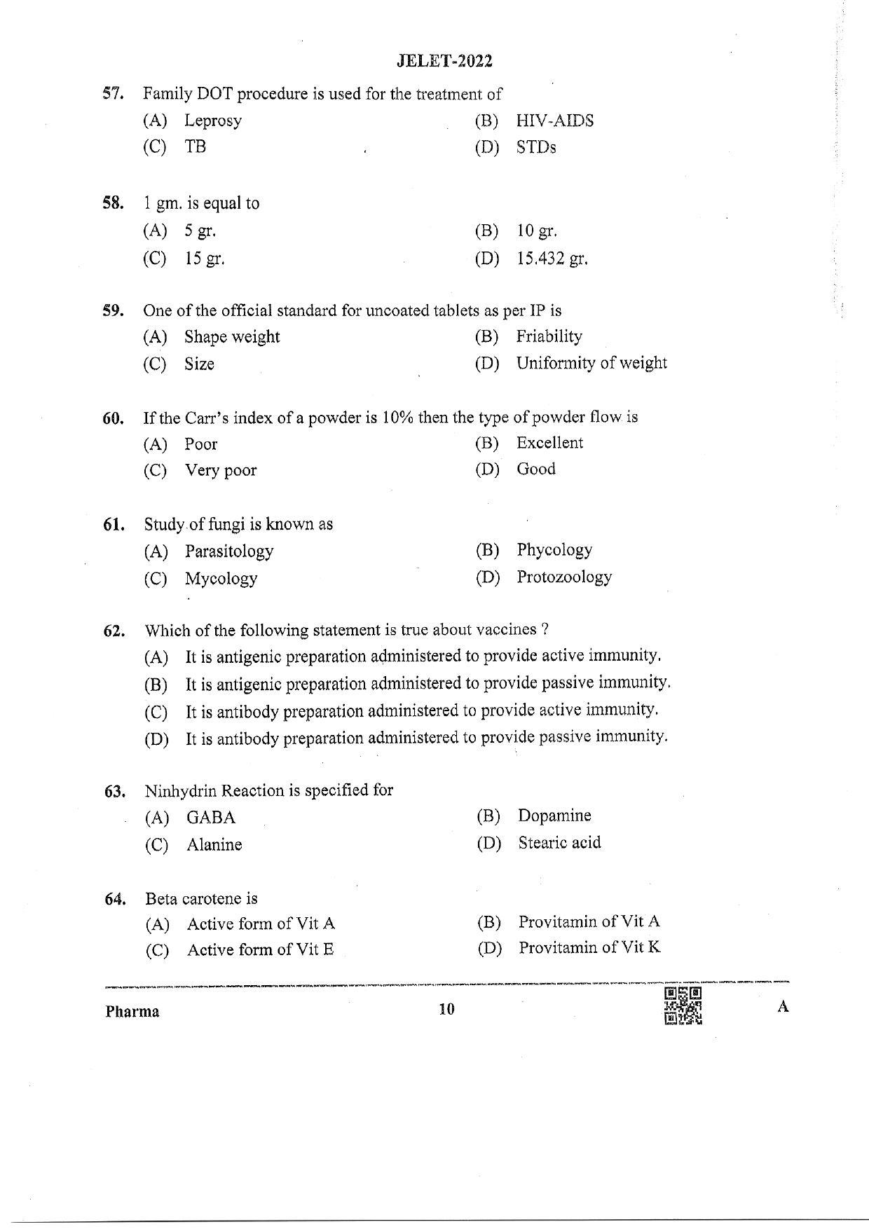 WBJEE  JELET 2022 Paper II ( Pharmacy) - Page 10