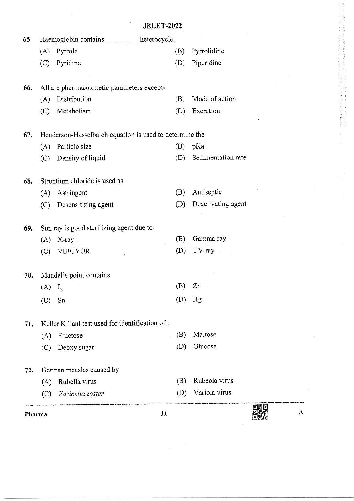 WBJEE  JELET 2022 Paper II ( Pharmacy) - Page 11