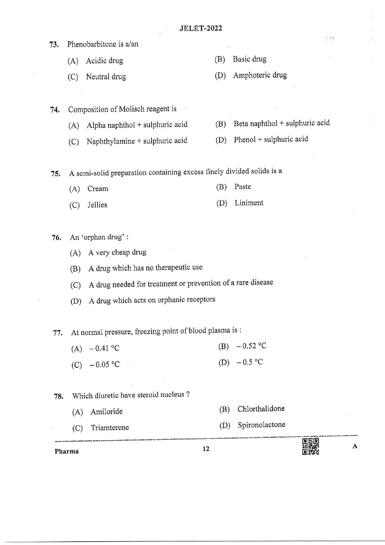 WBJEE  JELET 2022 Paper II ( Pharmacy) - Page 12