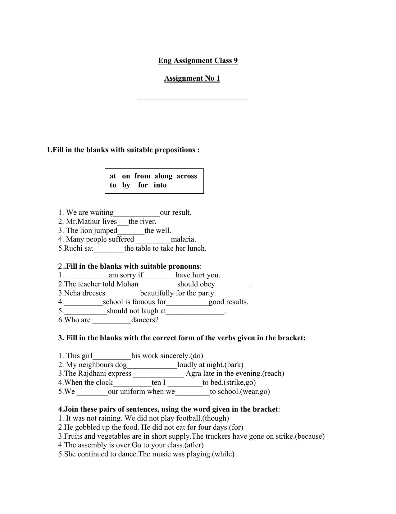 CBSE Worksheets for Class 9 English Prepositions Assignment 1 - Page 1