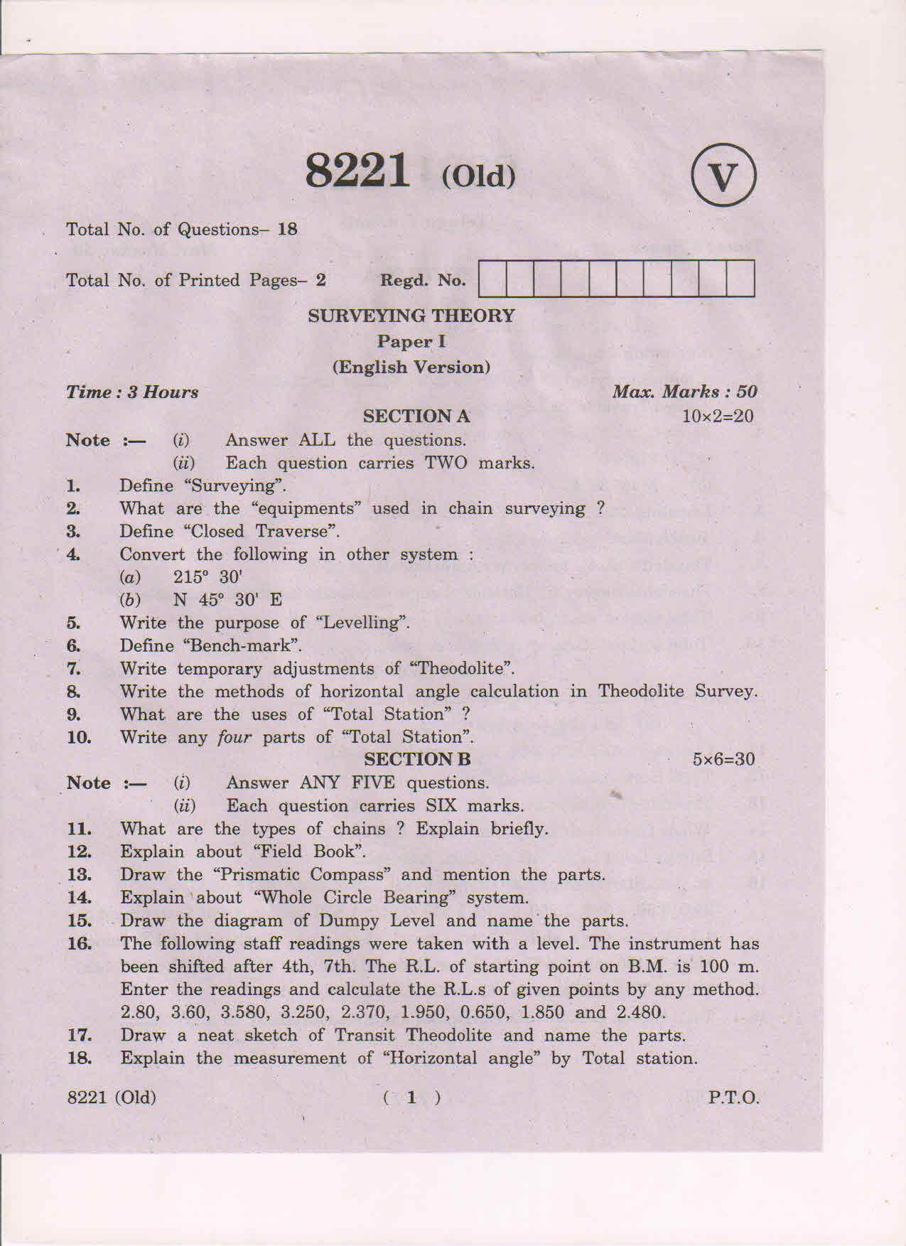 AP Inter 1st Year Surveying Theory-I (Old) March-2019-Vocational Question Paper - Page 1