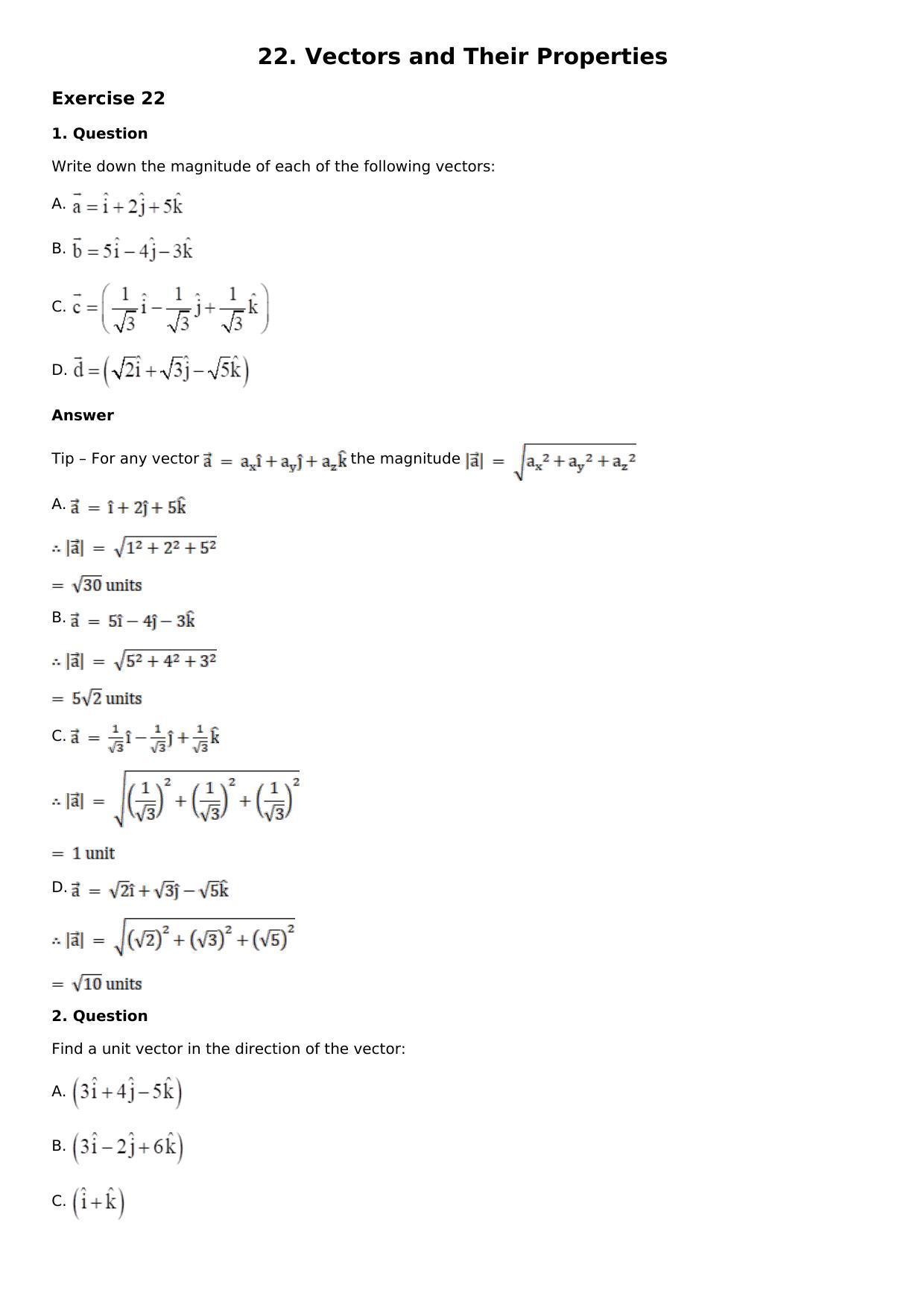 Chapter 22: Vectors and Their Properties Solutions: RS Aggarwal Class 12 Solutions - Page 1