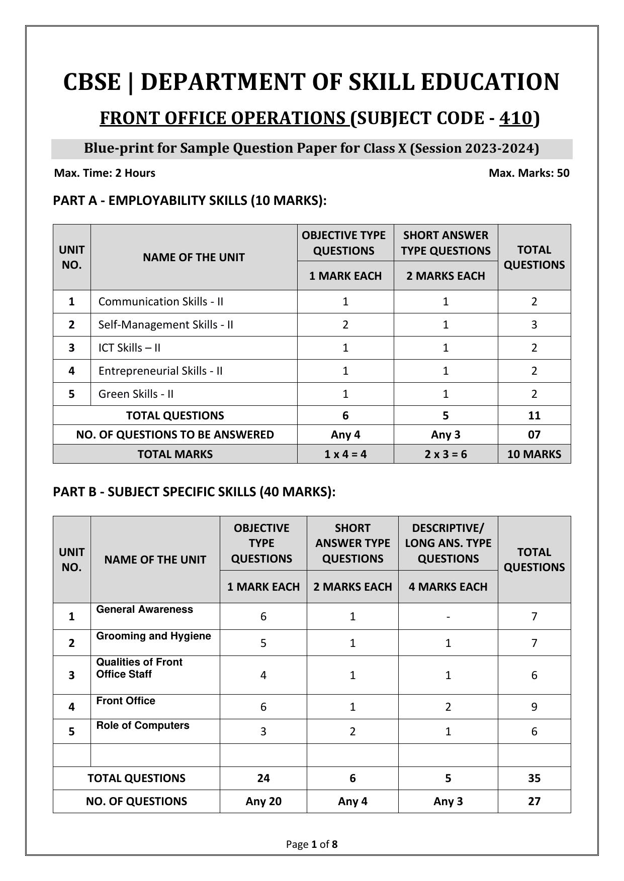 CBSE Class 10 (Skill Education) Front Office Operations 2024 Sample Paper - Page 1