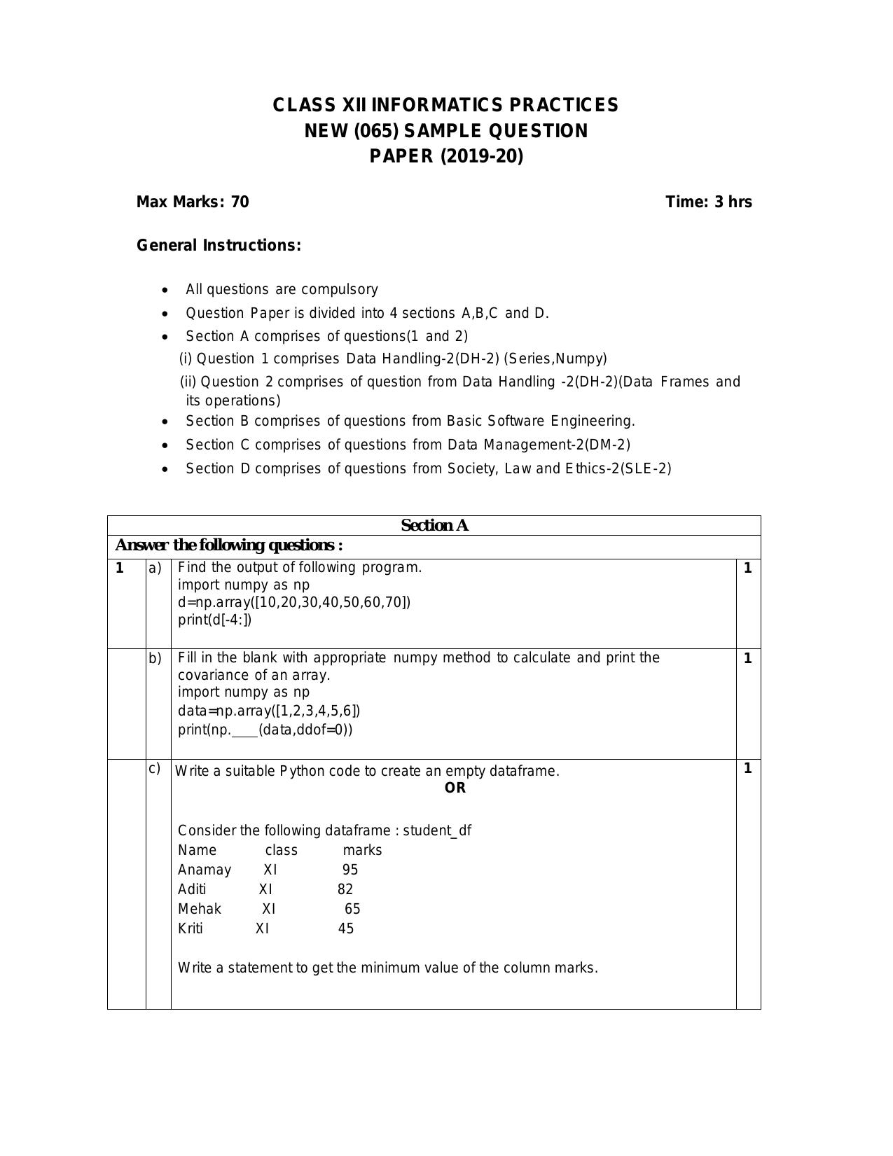 CBSE Class 12 Informatics Practices - New -Sample Paper 2019-20 - Page 1