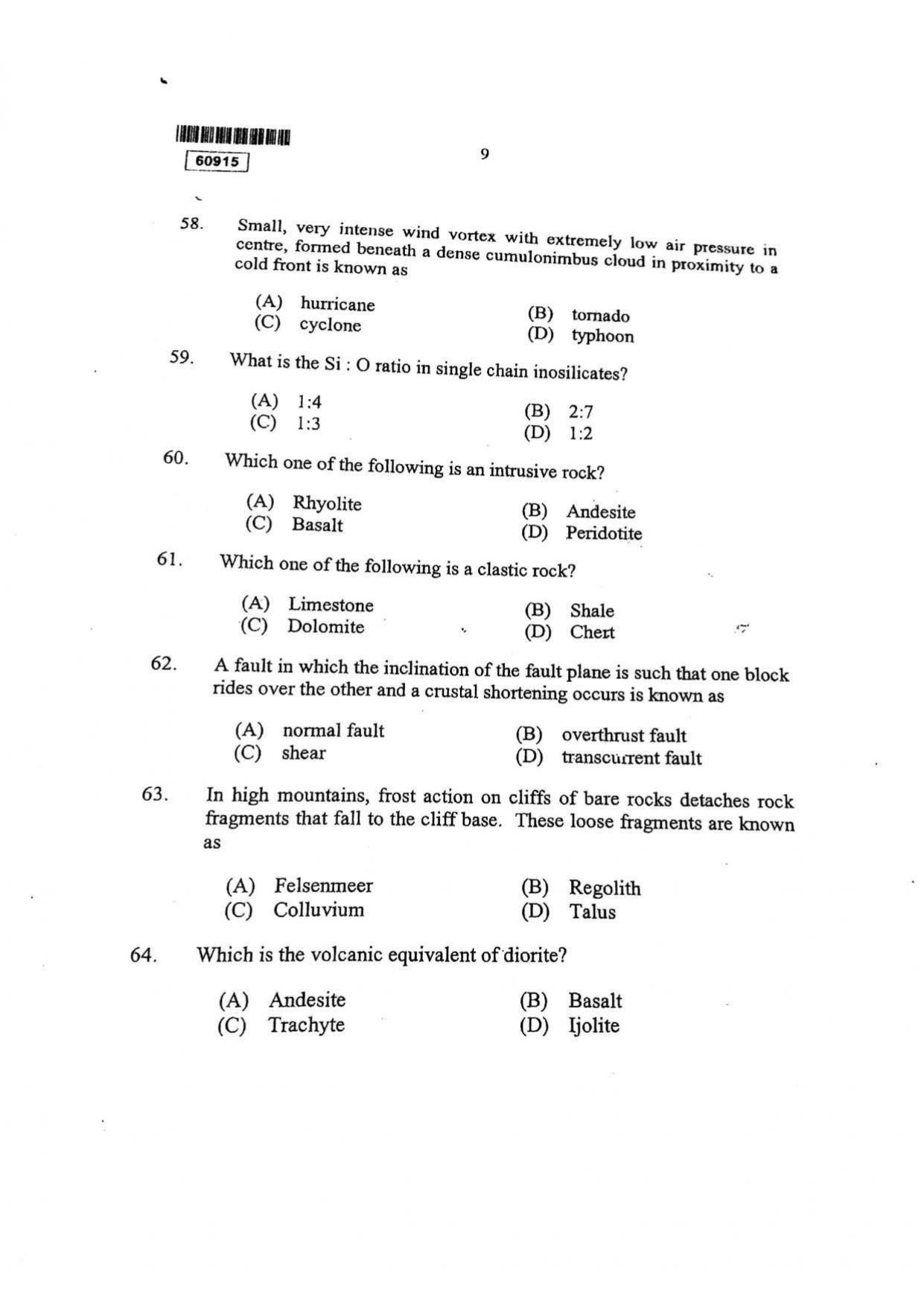 CUSAT CAT 2015 Geology Question Paper - Page 10