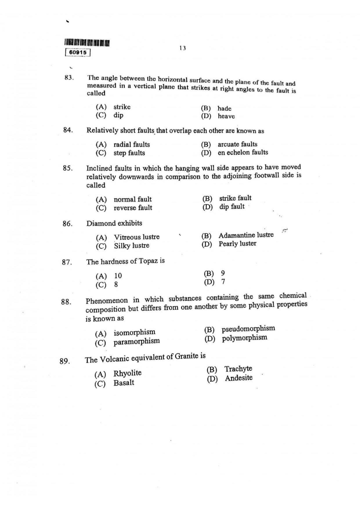 CUSAT CAT 2015 Geology Question Paper - Page 14