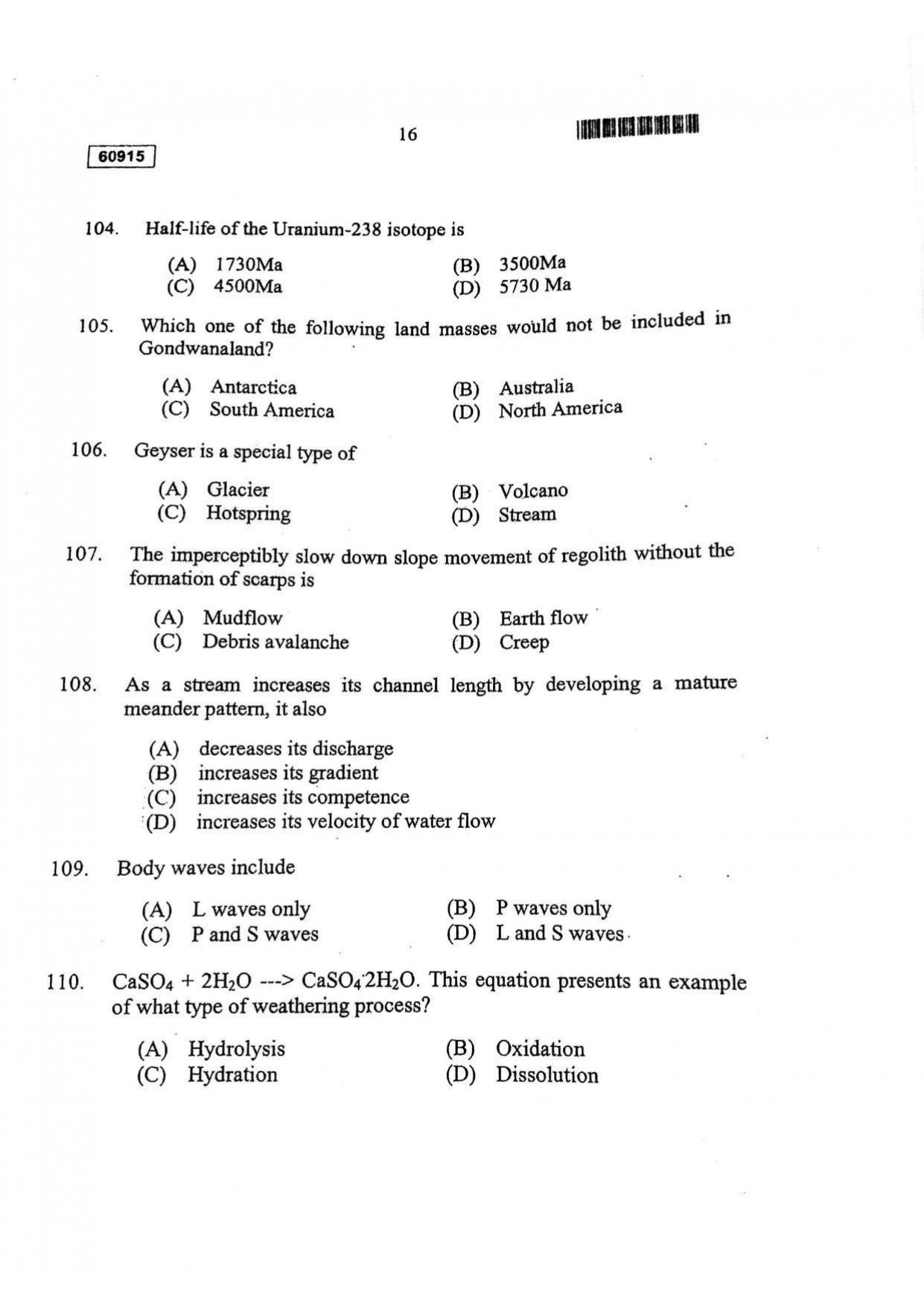 CUSAT CAT 2015 Geology Question Paper - Page 17