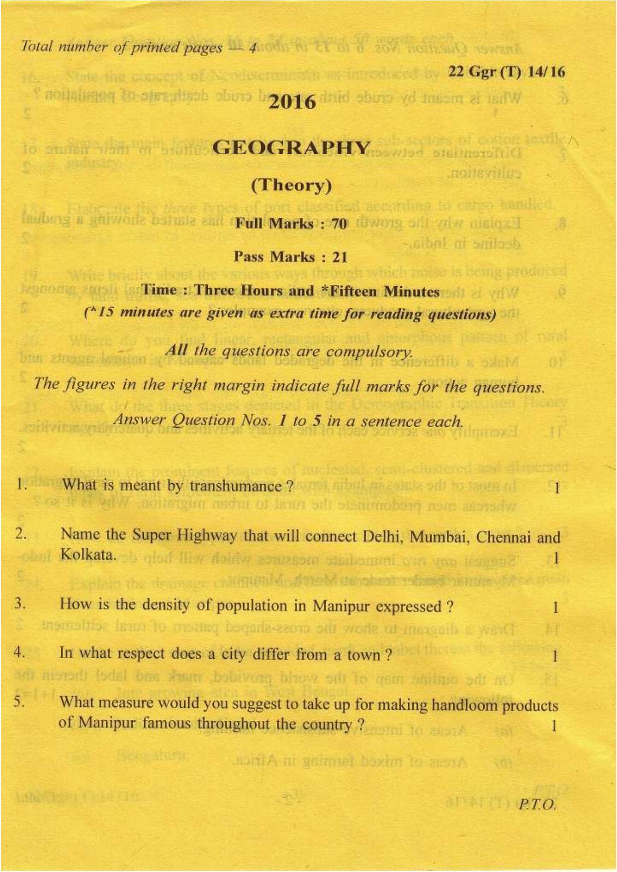 COHSEM Class 12 Geography 2016 Question Papers - Page 1