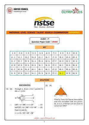 NSTSE 2023 Class 7 Answer Key (Paper Code 489)