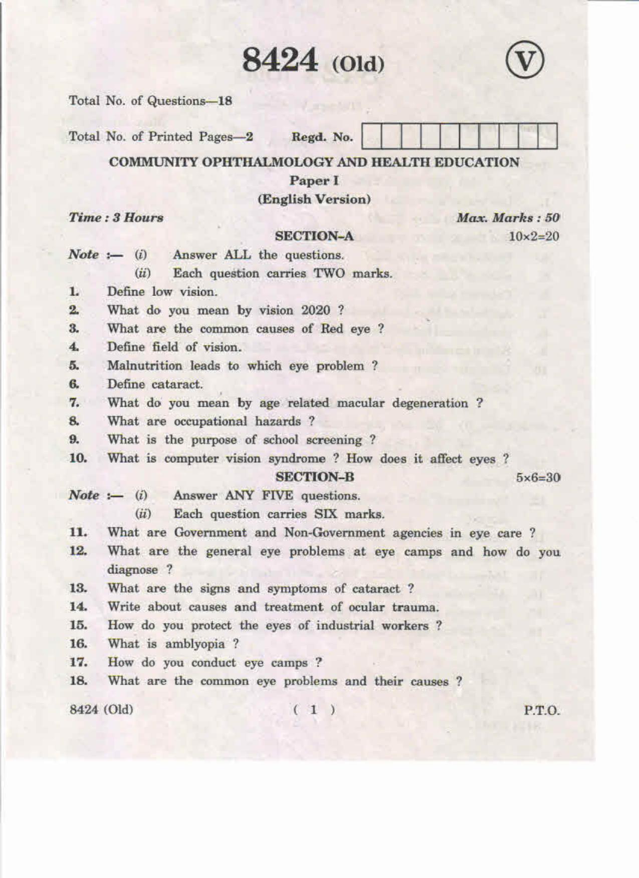 AP Inter 1st Year Community Ophthalmology and Health Education-I (Old) May-2019-Vocational Question Paper - Page 1