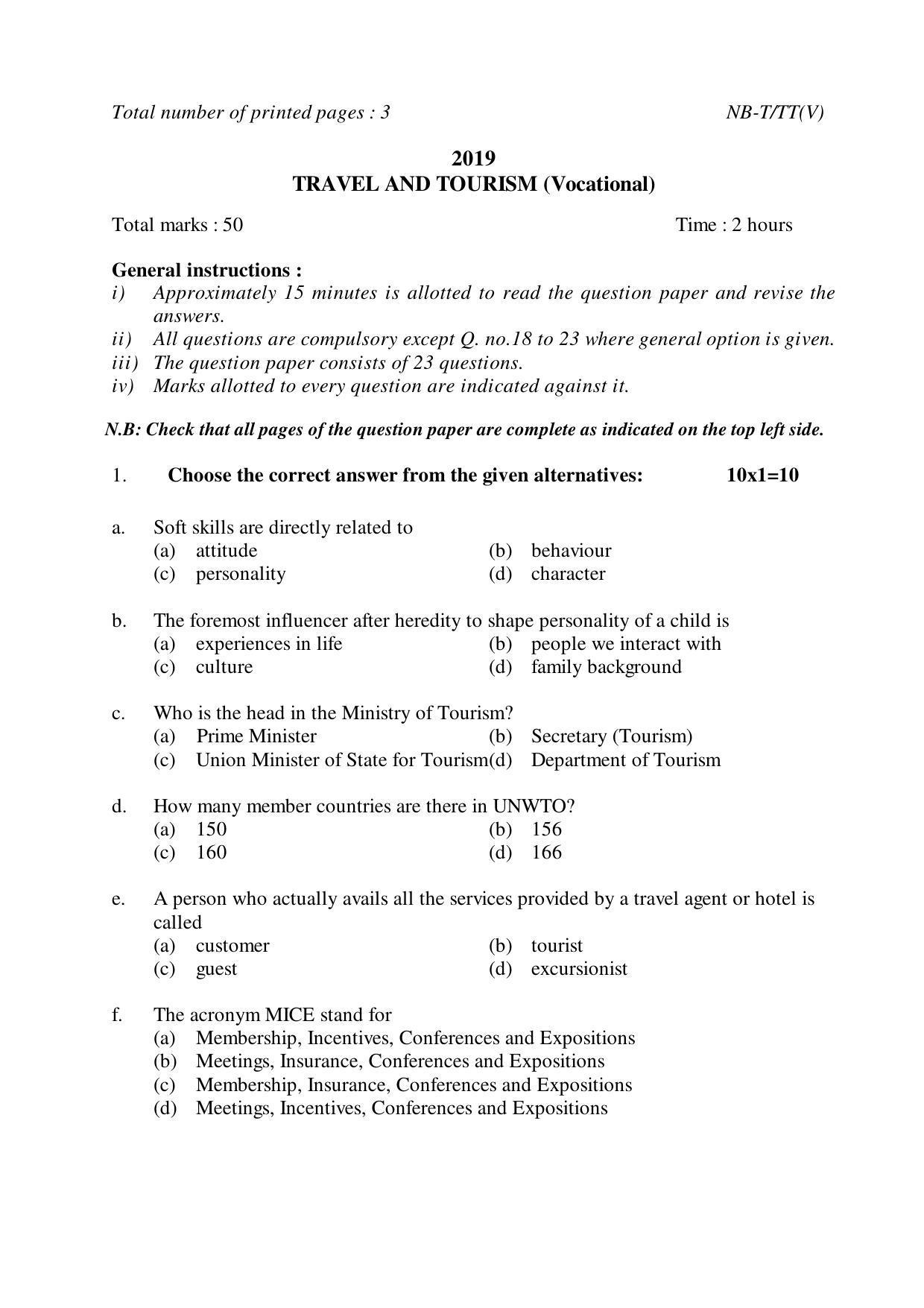 Nagaland Board Class 10 TRAVEL AND TOURISM (Vocational) 2019 Question Paper - Page 1