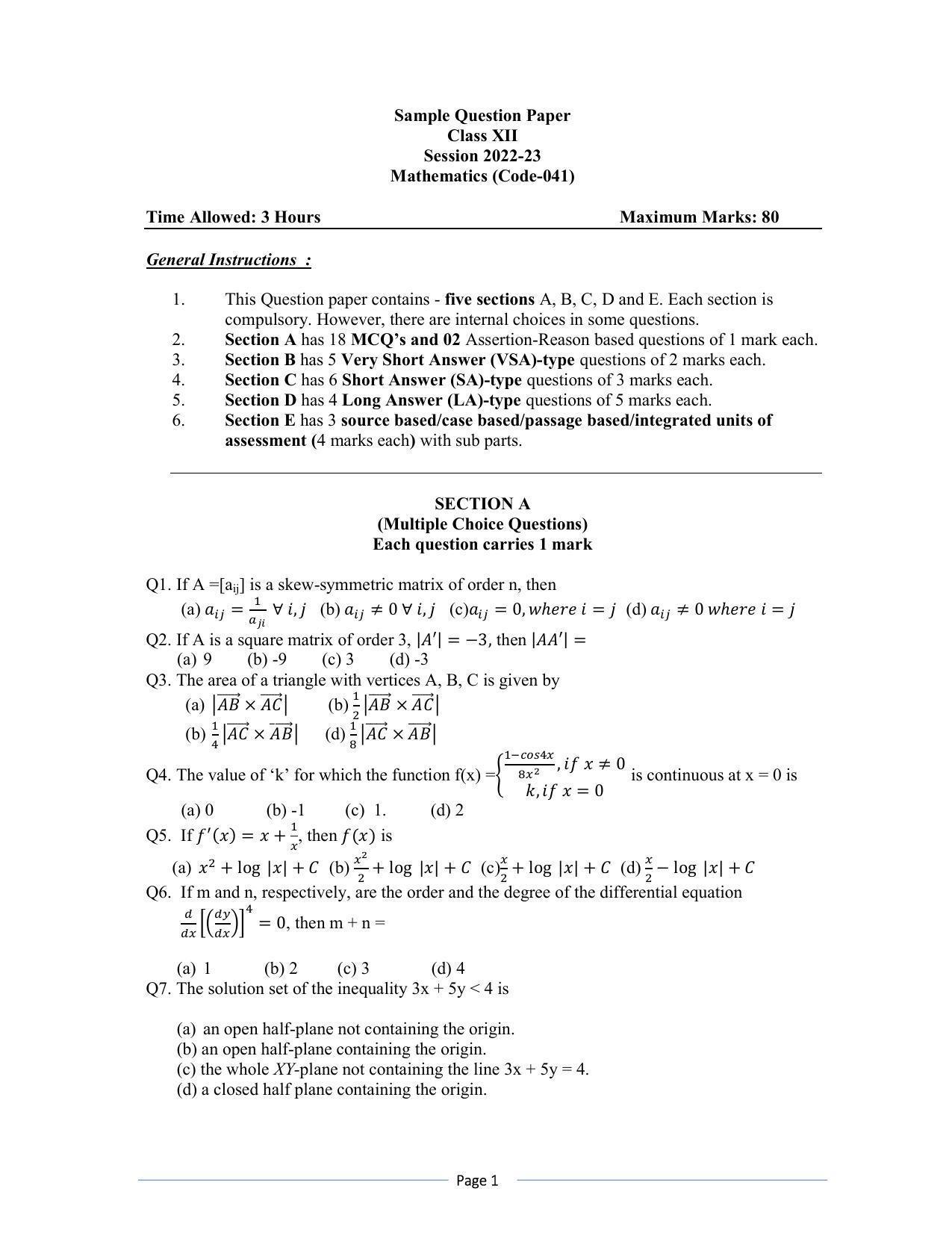 CBSE Class 12 Mathematics Sample Paper 2023 - Page 1