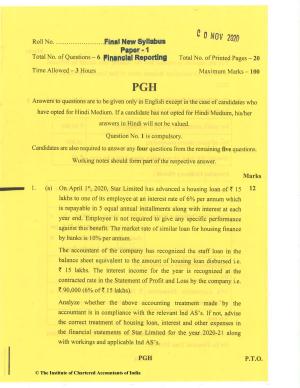 CA Final Nov 2020 Question Paper - Paper 1 – Financial Reporting